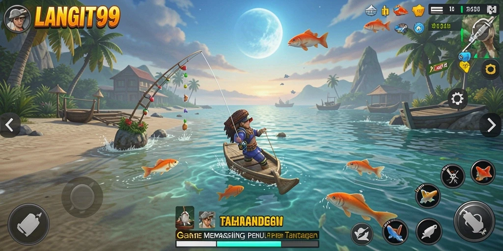 Screenshot dari LANGIT99 menunjukkan aksi memancing seru di alam yang indah.