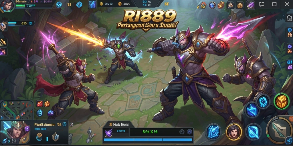 Screenshot utama RI889 menampilkan pertempuran seru di arena MOBA.